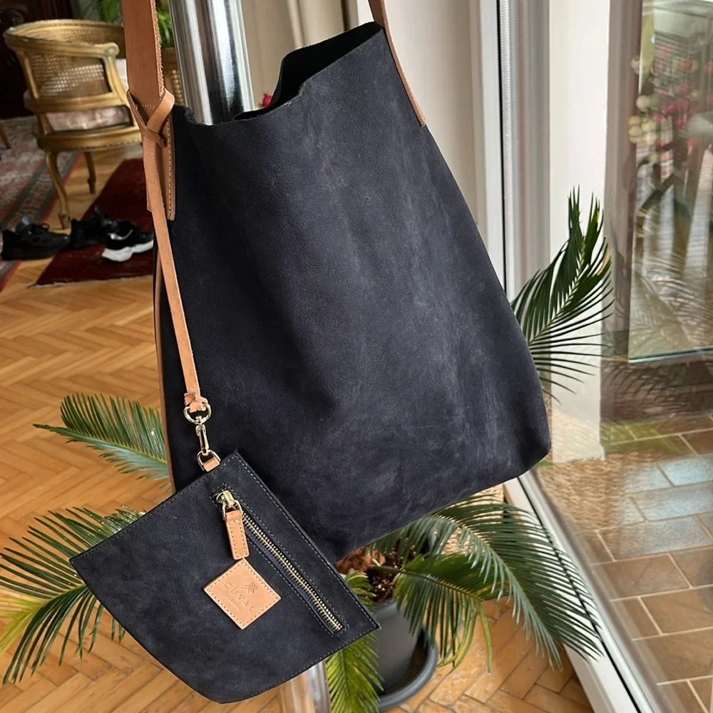 Navy Blue Suede Hobo Shoulder Bag with Tan Strap